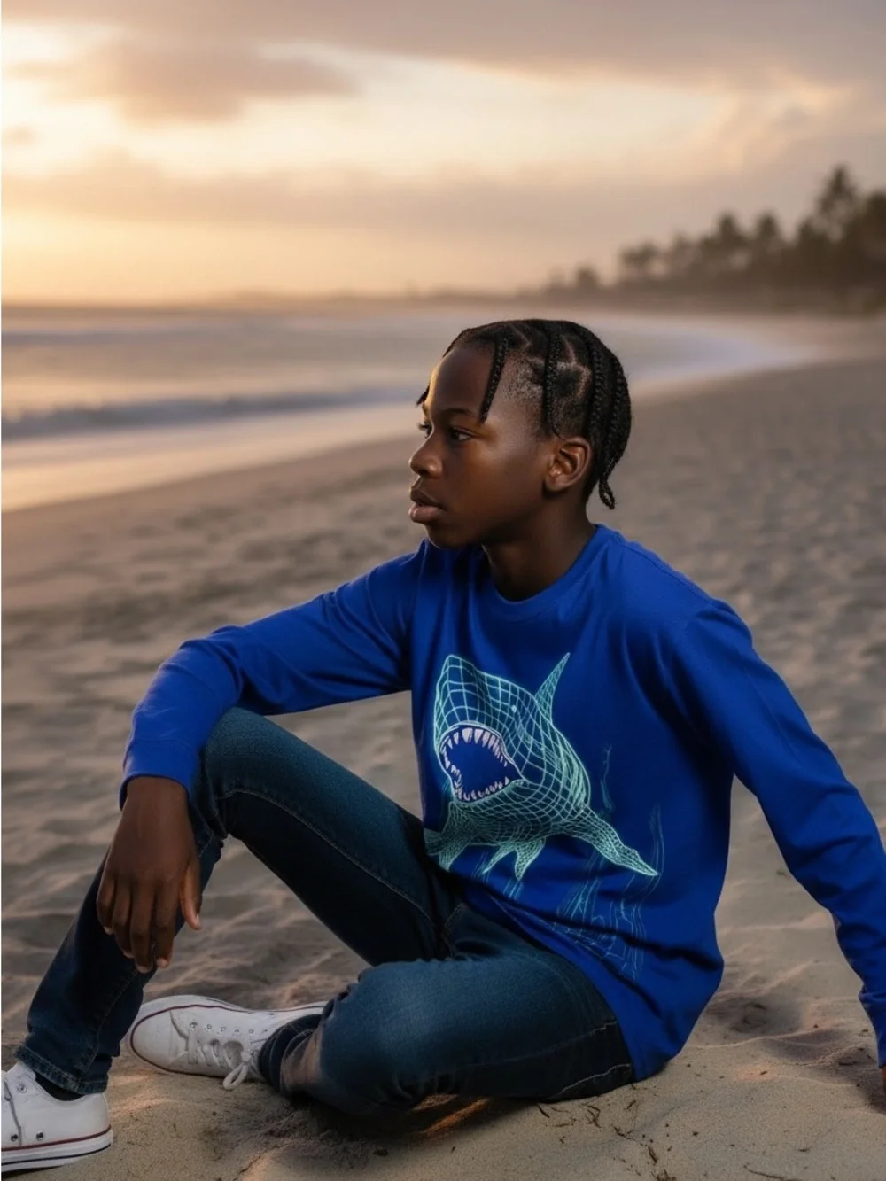 The Children’s Place Boys XL 14 Shark Graphic Long Sleeve Shirt Blue Ocean